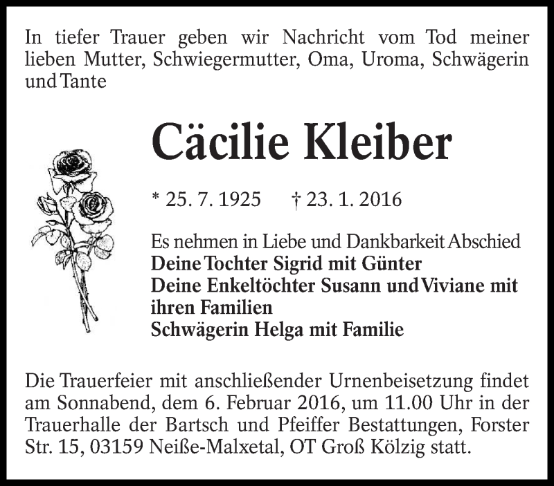  Traueranzeige für Cäcilie Kleiber vom 30.01.2016 aus lausitzer_rundschau