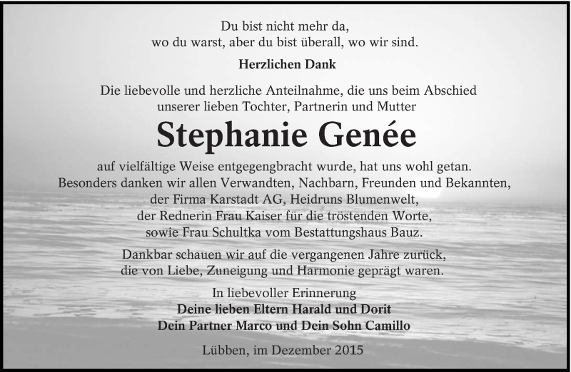  Traueranzeige für Stephanie Genée vom 16.01.2016 aus lausitzer_rundschau