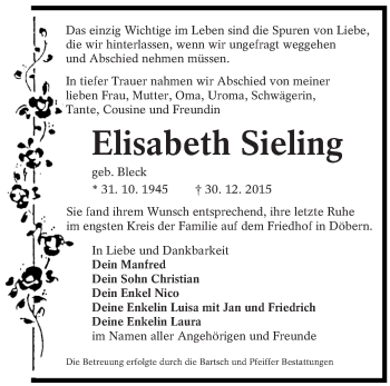 Traueranzeige von Elisabeth Sieling von lausitzer_rundschau