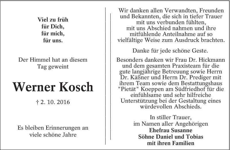  Traueranzeige für Werner Kosch vom 22.10.2016 aus lausitzer_rundschau