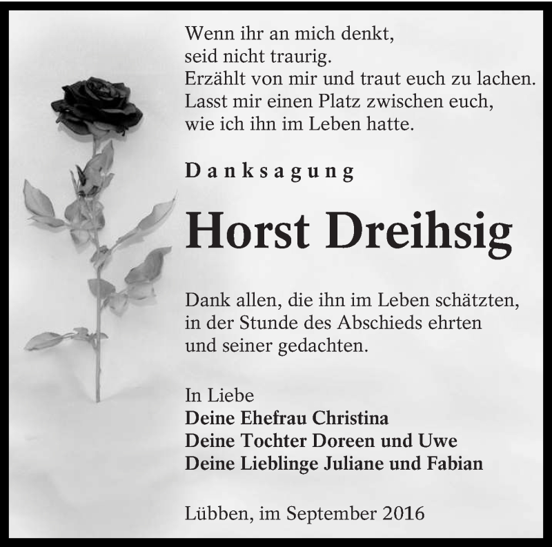  Traueranzeige für Horst Dreihsig vom 15.10.2016 aus lausitzer_rundschau