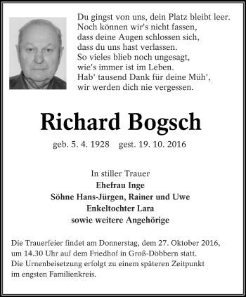 Traueranzeige von Richard Bogsch von lausitzer_rundschau