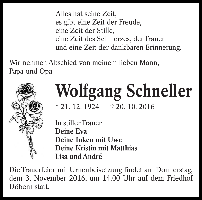  Traueranzeige für Wolfgang Schneller vom 29.10.2016 aus lausitzer_rundschau