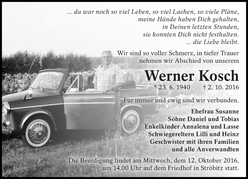  Traueranzeige für Werner Kosch vom 08.10.2016 aus lausitzer_rundschau