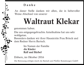 Traueranzeige von Waltraut Klekar von lausitzer_rundschau