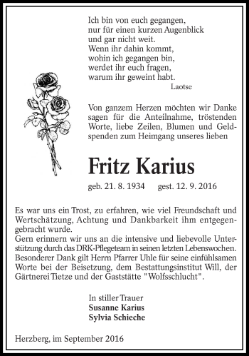 Traueranzeige von Fritz Karius von lausitzer_rundschau