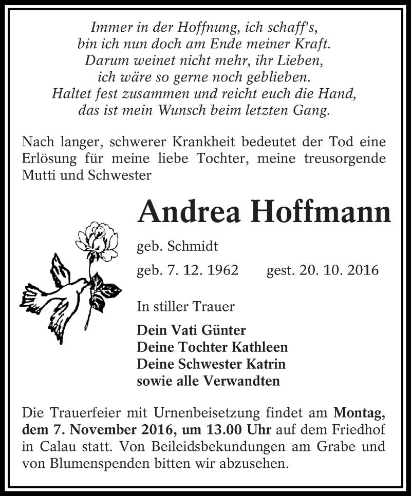  Traueranzeige für Andrea Hoffmann vom 26.10.2016 aus lausitzer_rundschau