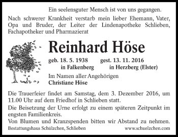 Traueranzeige von Reinhard Höse von lausitzer_rundschau