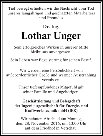 Traueranzeige von Lothar Unger von lausitzer_rundschau