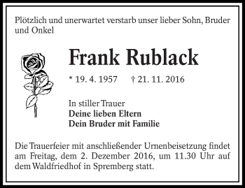 Traueranzeige von Frank Rublack von lausitzer_rundschau