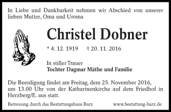 Traueranzeige von Christel Dobner von lausitzer_rundschau