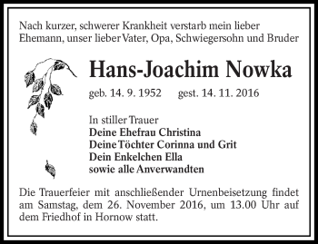 Traueranzeige von Hans-Joachim Nowka von lausitzer_rundschau