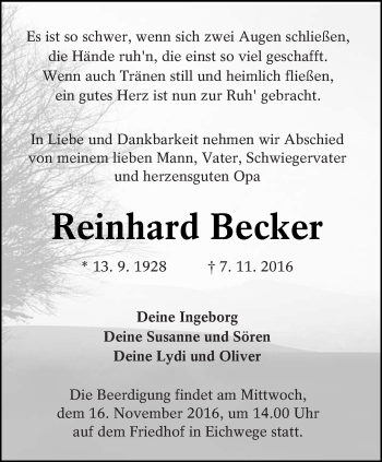 Traueranzeige von Reinhard Becker von lausitzer_rundschau