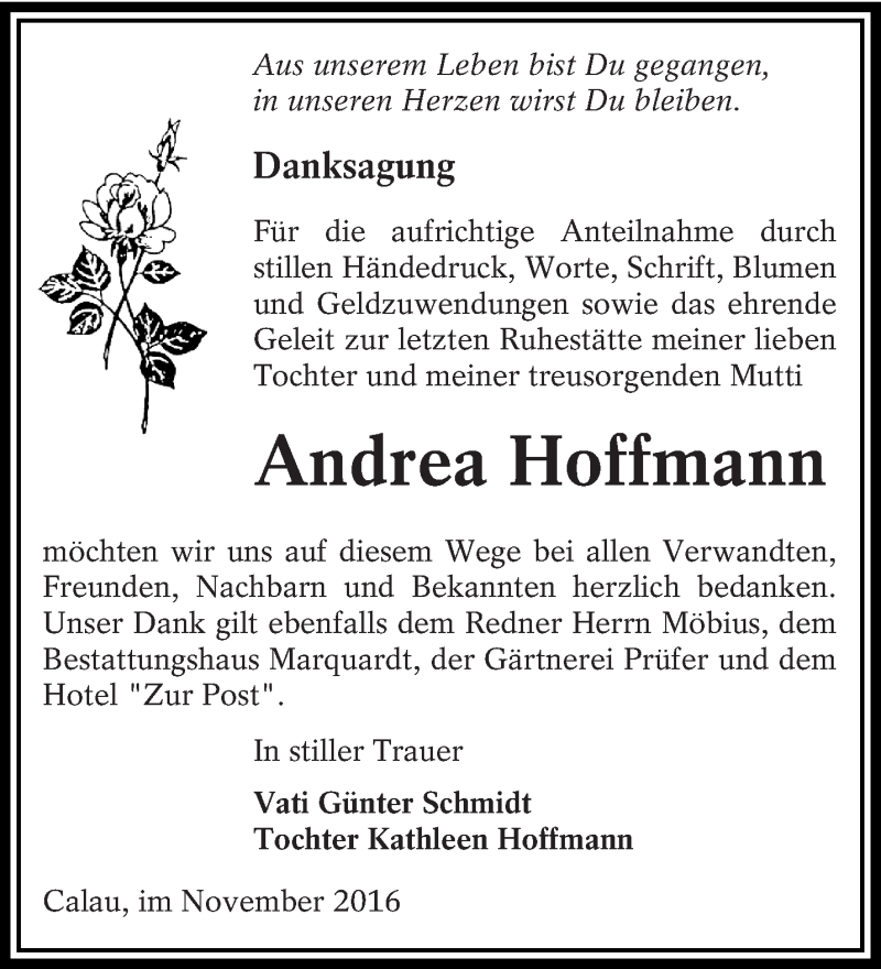 Traueranzeige für Andrea Hoffmann vom 19.11.2016 aus lausitzer_rundschau
