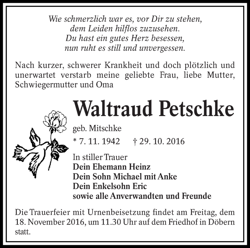  Traueranzeige für Waltraud Petschke vom 12.11.2016 aus lausitzer_rundschau