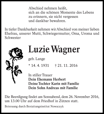 Traueranzeige von Luzie Wagner von lausitzer_rundschau