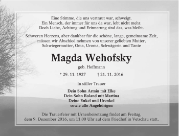 Traueranzeige von Magda Wehofsky von lausitzer_rundschau