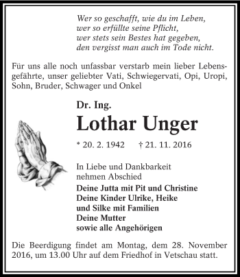 Traueranzeige von Lothar Unger von lausitzer_rundschau