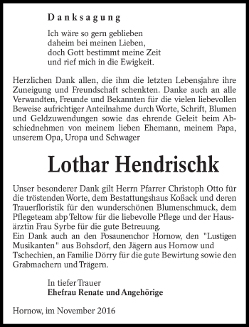 Traueranzeige von Lothar Hendrischk von lausitzer_rundschau