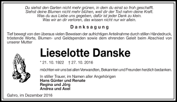 Traueranzeige von Lieselotte Danske von lausitzer_rundschau