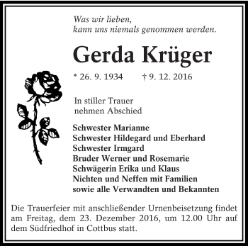 Traueranzeige von Gerda Krüger von lausitzer_rundschau