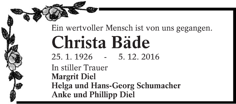  Traueranzeige für Christa Bäde vom 17.12.2016 aus lausitzer_rundschau