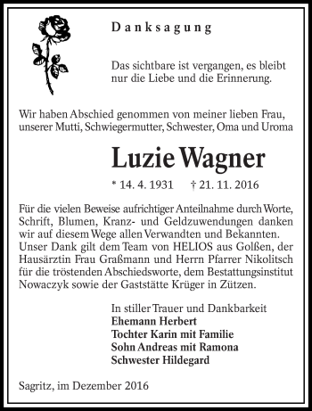 Traueranzeige von Luzie Wagner von lausitzer_rundschau