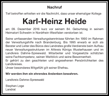 Traueranzeige von Karl-Heinz Heide von lausitzer_rundschau