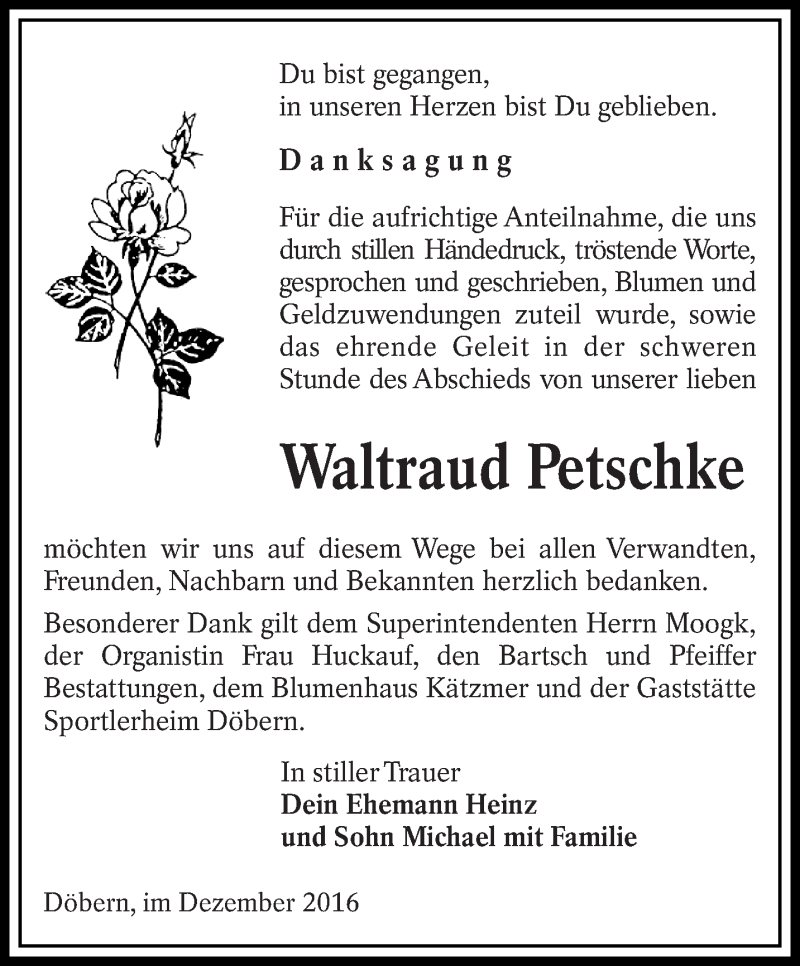  Traueranzeige für Waltraud Petschke vom 10.12.2016 aus lausitzer_rundschau