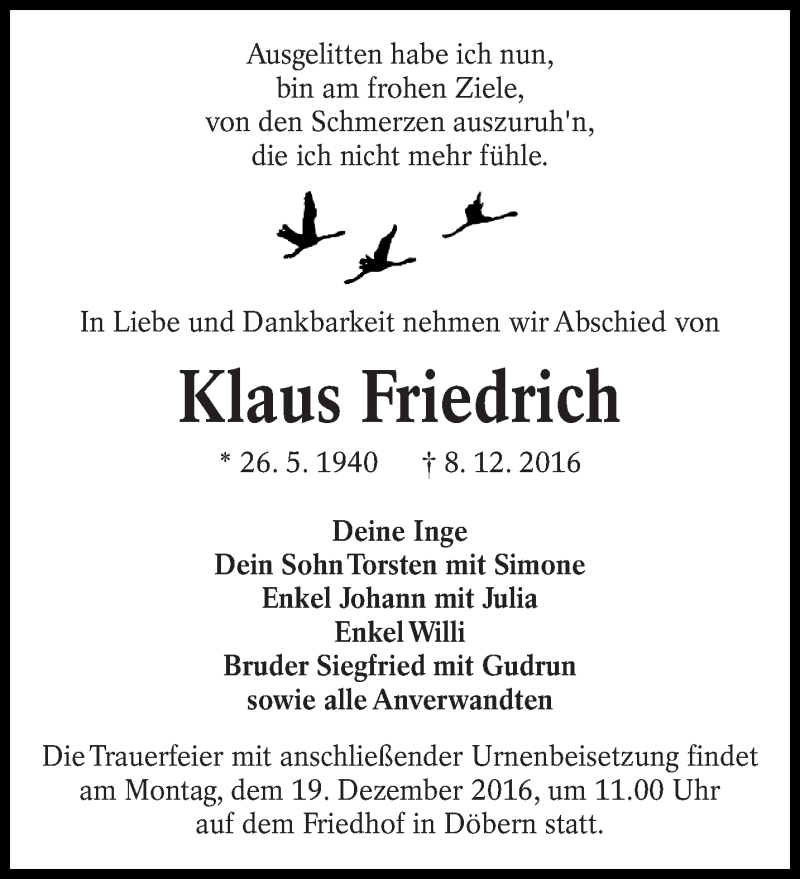  Traueranzeige für Klaus Friedrich vom 17.12.2016 aus lausitzer_rundschau
