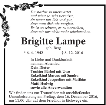 Traueranzeige von Brigitte Lampe von lausitzer_rundschau