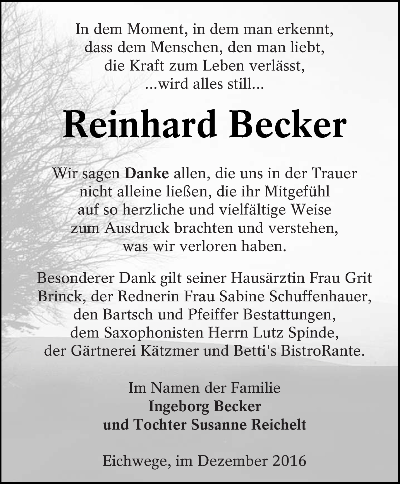  Traueranzeige für Reinhard Becker vom 03.12.2016 aus lausitzer_rundschau
