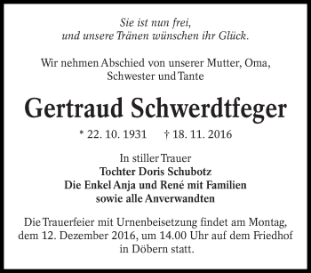 Traueranzeige von Gertraud Schwerdtfeger von lausitzer_rundschau