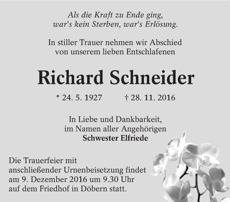  Traueranzeige für Richard Schneider vom 03.12.2016 aus lausitzer_rundschau