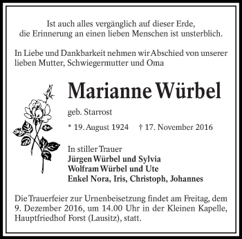 Traueranzeige von Marianne Würbel von lausitzer_rundschau