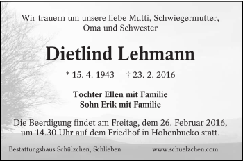 Traueranzeige von Dietlind Lehmann von lausitzer_rundschau