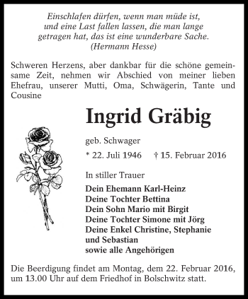Traueranzeige von Ingrid Gräbig von lausitzer_rundschau