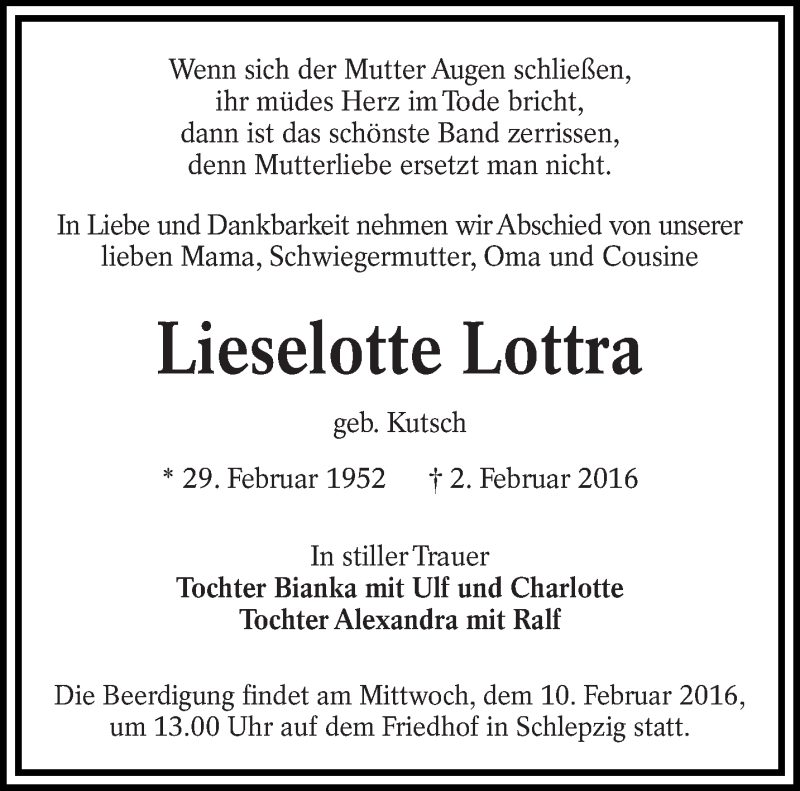  Traueranzeige für Lieselotte Lottra vom 06.02.2016 aus lausitzer_rundschau