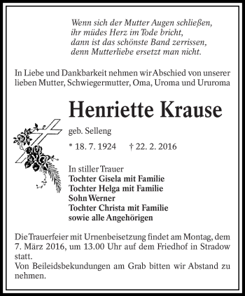 Traueranzeige von Henriette Krause von lausitzer_rundschau