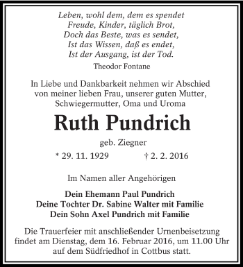 Traueranzeige von Ruth Pundrich von lausitzer_rundschau