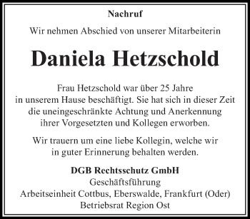 Traueranzeige von Daniela Hetzschold von lausitzer_rundschau