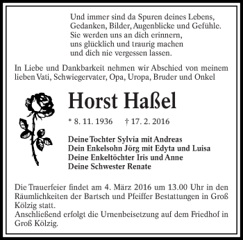 Traueranzeige von Horst Haßel von lausitzer_rundschau