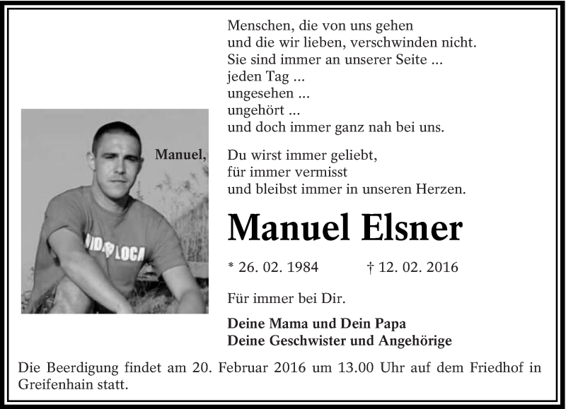  Traueranzeige für Manuel Elsner vom 17.02.2016 aus lausitzer_rundschau