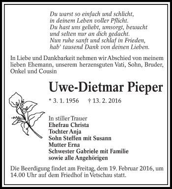 Traueranzeige von Uwe-Dietmar Pieper von lausitzer_rundschau