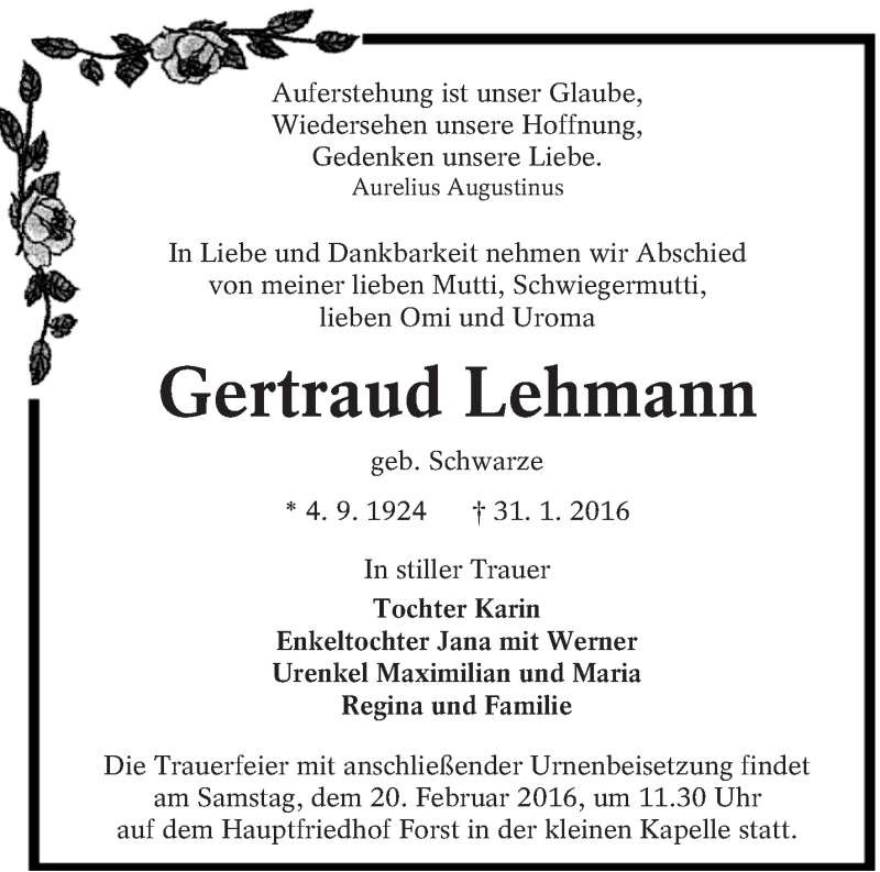  Traueranzeige für Gertraud Lehmann vom 06.02.2016 aus lausitzer_rundschau