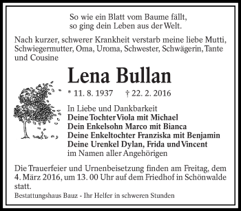 Traueranzeige von Lena Bullan von lausitzer_rundschau