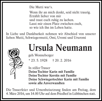 Traueranzeige von Ursula Neumann von lausitzer_rundschau