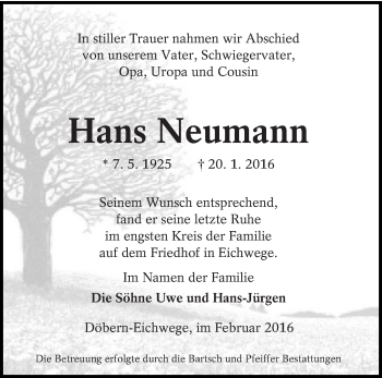Traueranzeige von Hans Neumann von lausitzer_rundschau