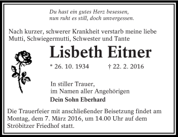 Traueranzeige von Lisbeth Eitner von lausitzer_rundschau