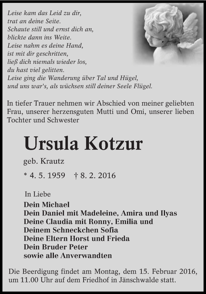 Traueranzeige für Ursula Kotzur vom 12.02.2016 aus lausitzer_rundschau